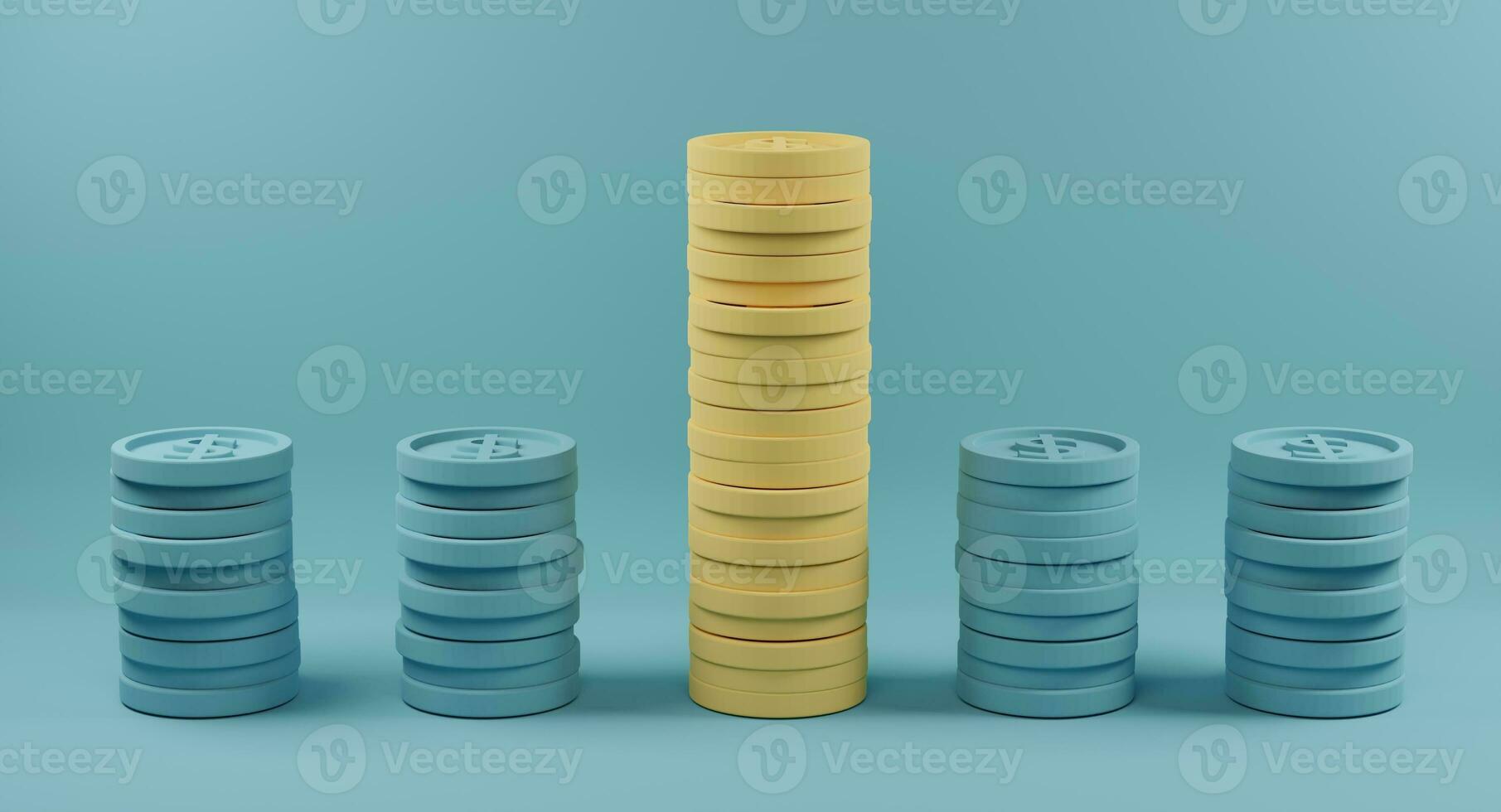 Yellow coin stacks standing out from crowd of identical blue fellows on light blue background. Concept of outstanding and different. 3d rendering. photo