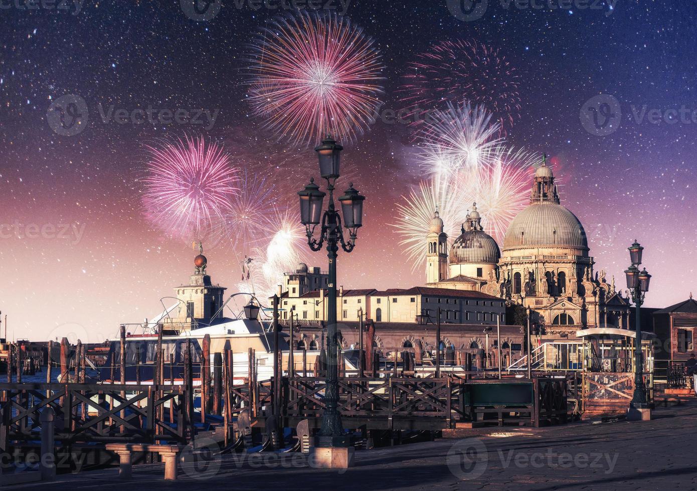 Venice. Photo greeting card. Colorful fireworks on the black sky background.