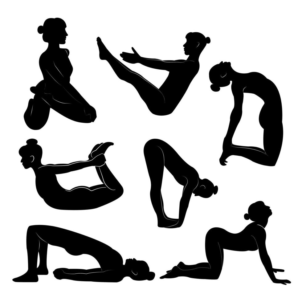 conjunto de ilustraciones de siluetas aisladas vectoriales de una joven en forma practicando yoga y haciendo ejercicio para un estilo de vida saludable en un fondo blanco vector