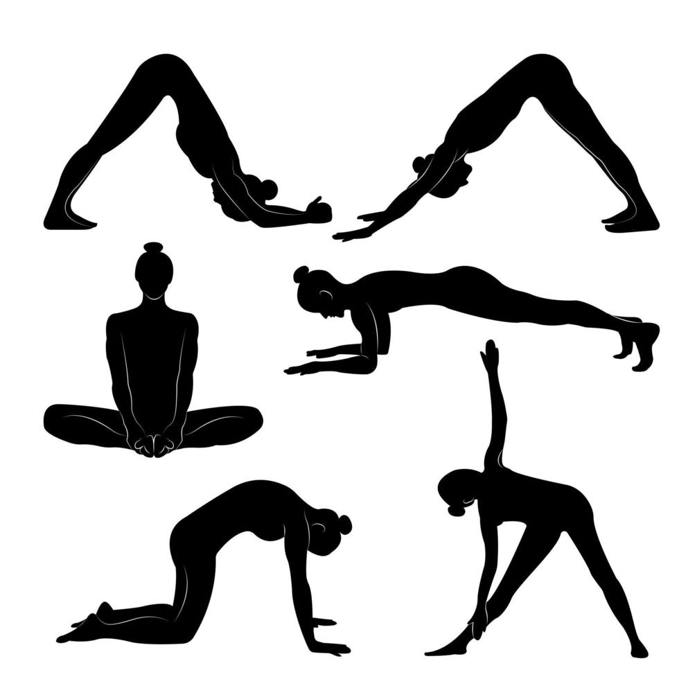 conjunto de ilustraciones de siluetas aisladas vectoriales de una joven en forma practicando yoga y haciendo ejercicio para un estilo de vida saludable en un fondo blanco vector