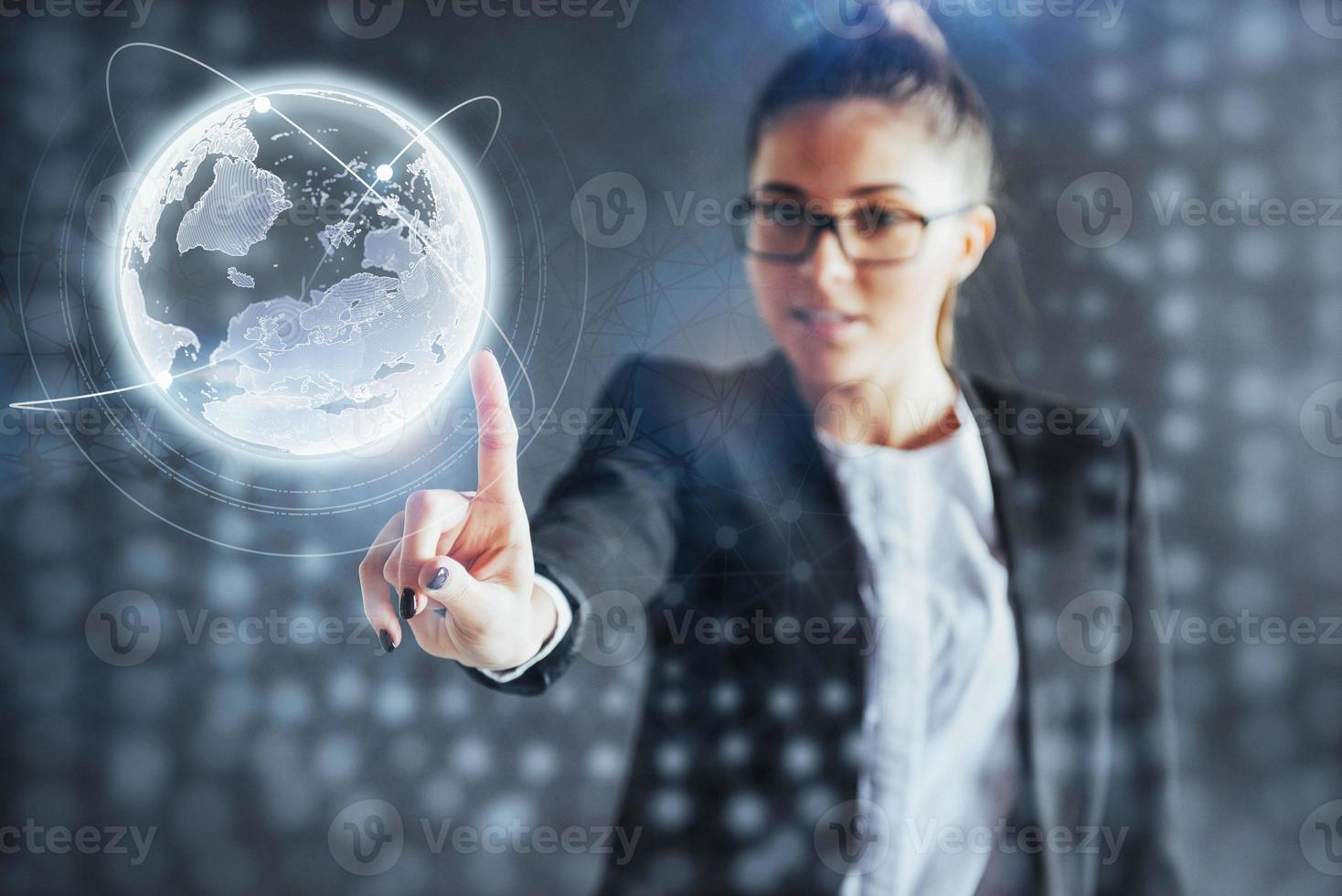 Modern technologies, Internet and network concept - man in business clothes, presses the button photo