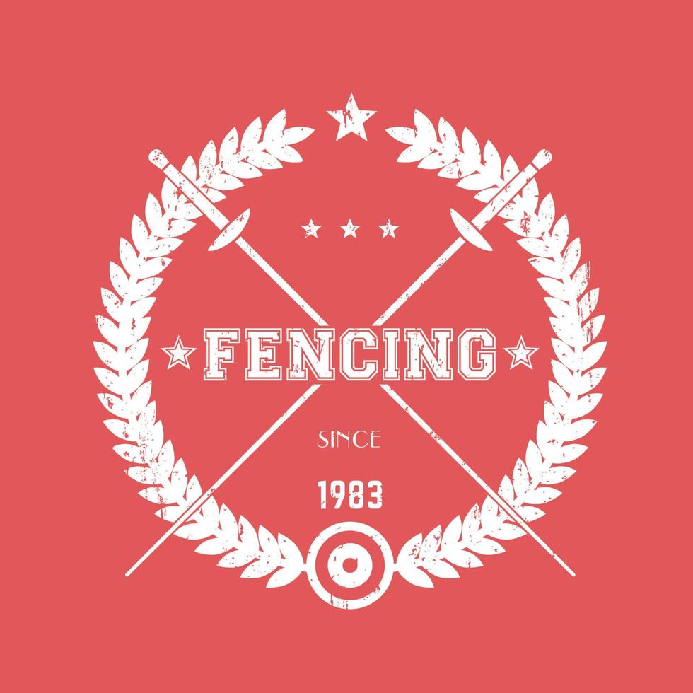 Fencing vintage emblem, logo with crossed fencing foils, white on red, vector illustration
