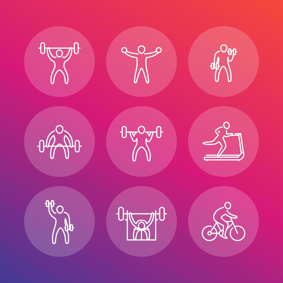 Gym, fitness exercises line icons, fitness training pictograms set vector