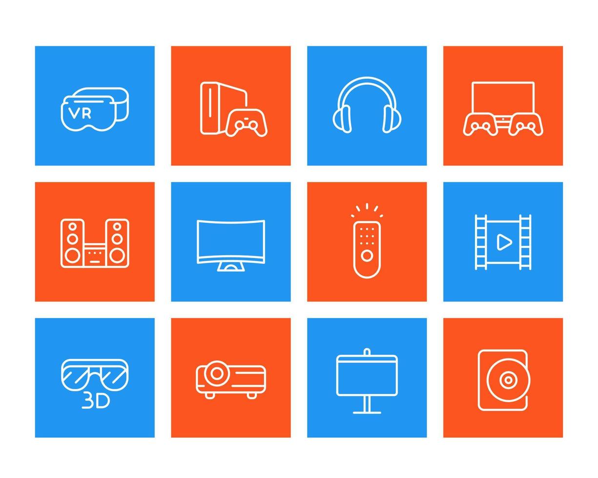 home entertainment system line icons set vector