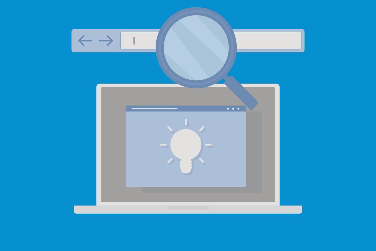 computadora portátil con página de motor de búsqueda en pantalla con símbolo de bombilla. concepto de búsqueda en línea, sitio web y búsqueda de información sobre el concepto de Internet. vector