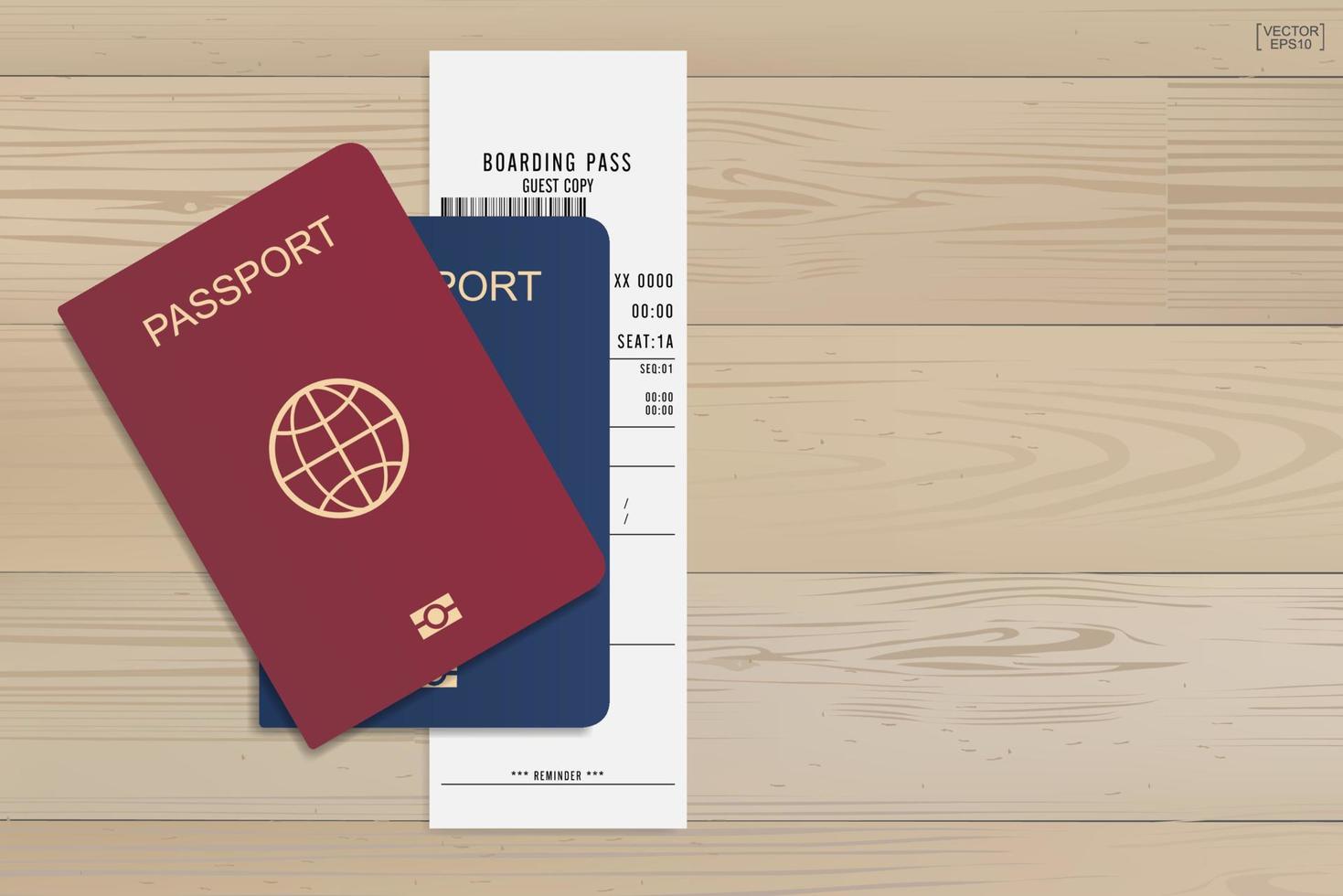 Passport and boarding pass ticket on wood background. Vector. vector