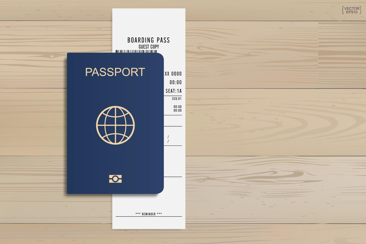 pasaporte y boleto de embarque sobre fondo de madera. vector. vector