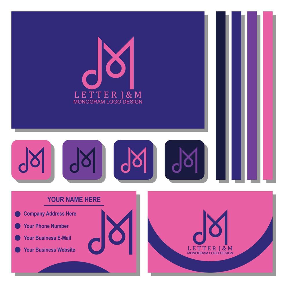 J and M monogram logo template with business card and envelope vector