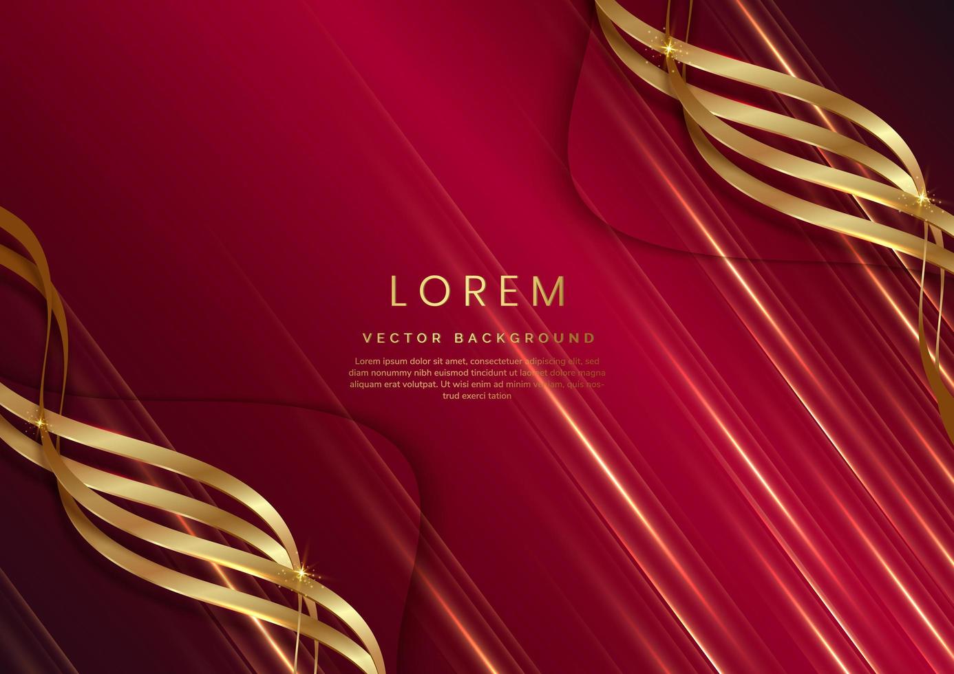 Abstract 3d template red background with gold ribbon curved wavy sparking with copy space for text. Luxury style. vector