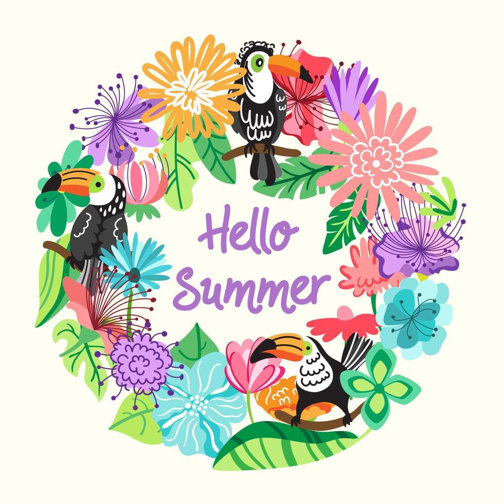 hola fondo de verano con aves tropicales y flores exóticas. hola estampado de verano. vector