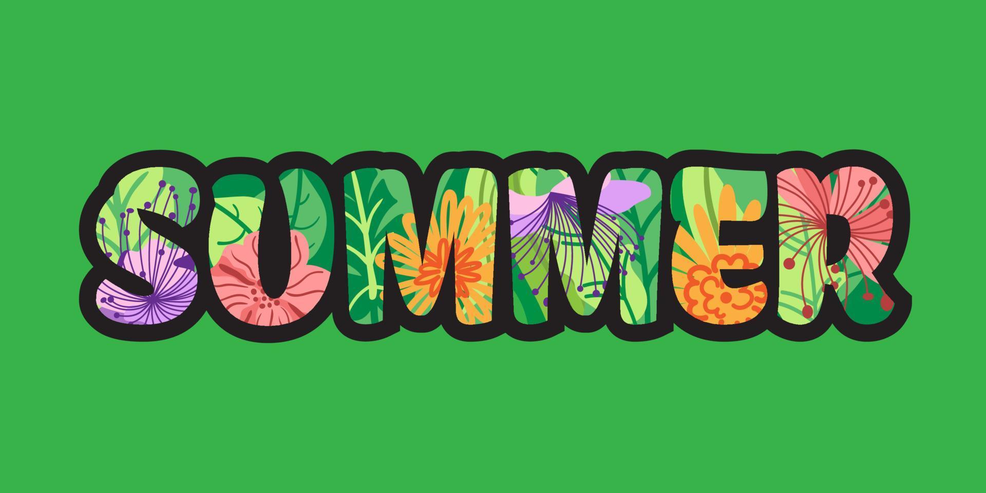 Summer inscription with elements of tropical flowers and leaves. thick letters, the title. vector