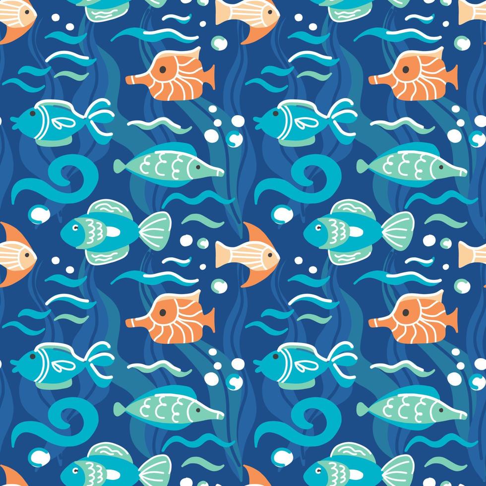 Colorful small fish swimming on the seabed surrounded by algae and bubbles seamless pattern vector