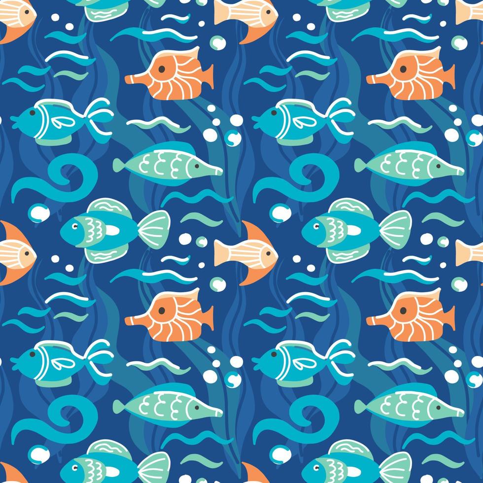 Colorful small fish swimming on the seabed surrounded by algae and bubbles seamless pattern vector