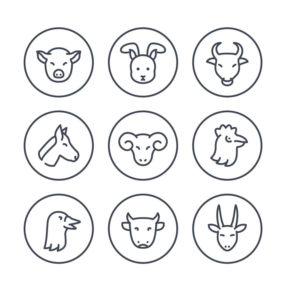 Farm animals line icons in circles vector