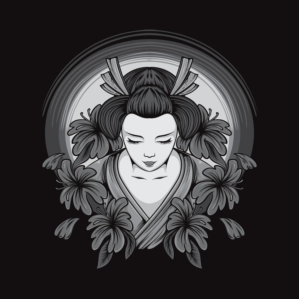ilustración de mujer geisha japonesa con flores para diseño e impresión de camisetas vector