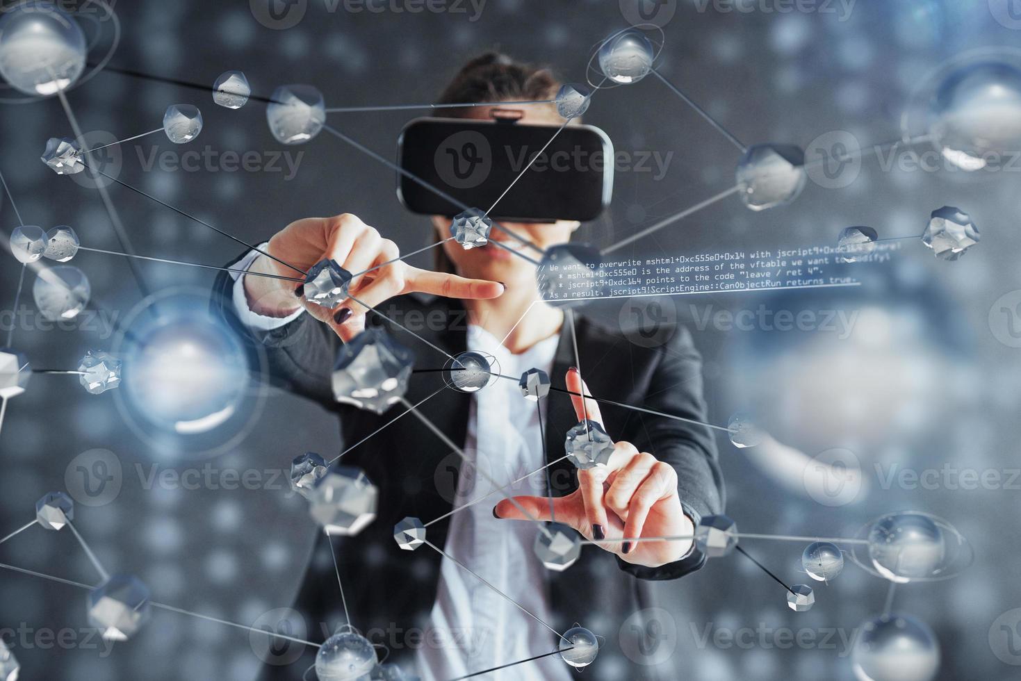 Virtual reality, 3D-technologies, cyberspace, science and people concept - happy woman in 3d glasses touching projection molecules. photo