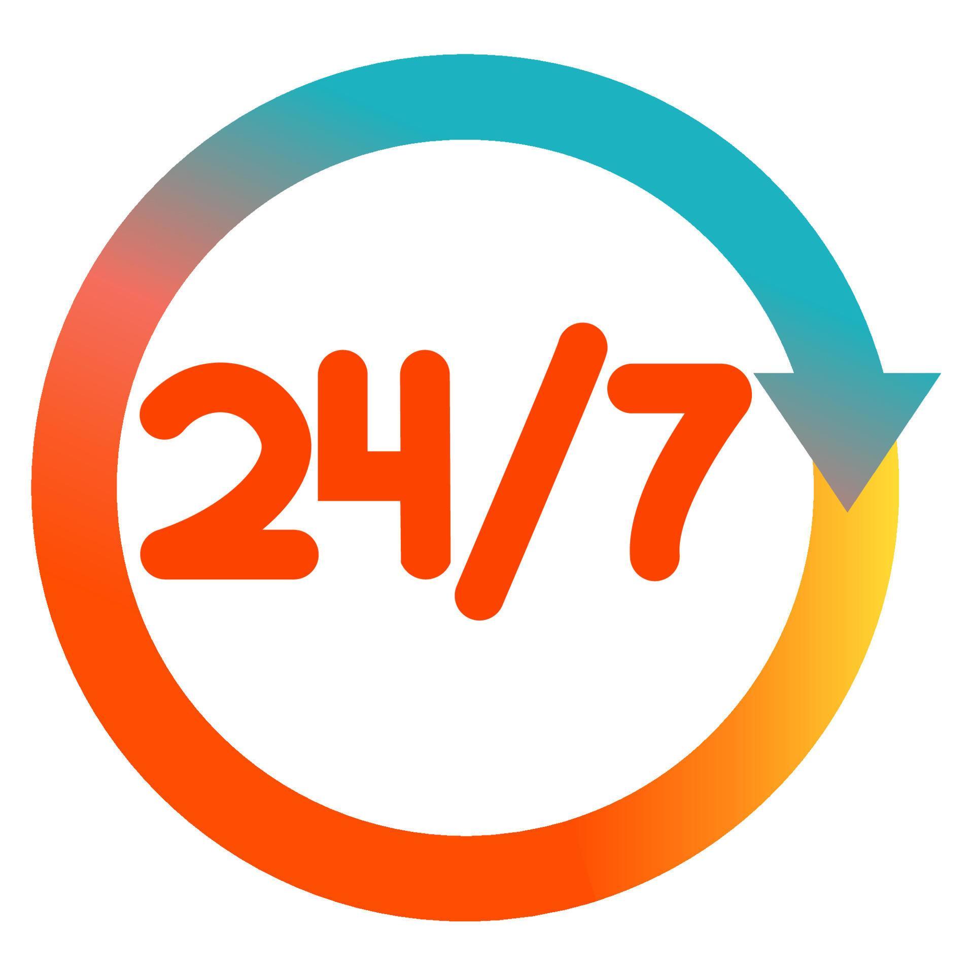 Open 24 on 7 icon. Colorful arrow and text. Service concept, online