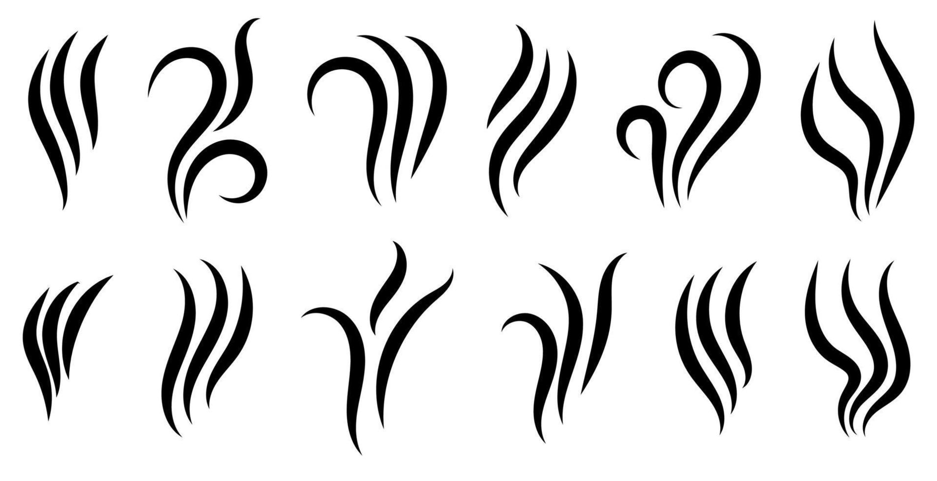 Aromas vaporize icons. Smells linear icon set, hot aroma, stink or cooking steam symbols, smelling or vapor, smoking or odors signs isolated on white. vector