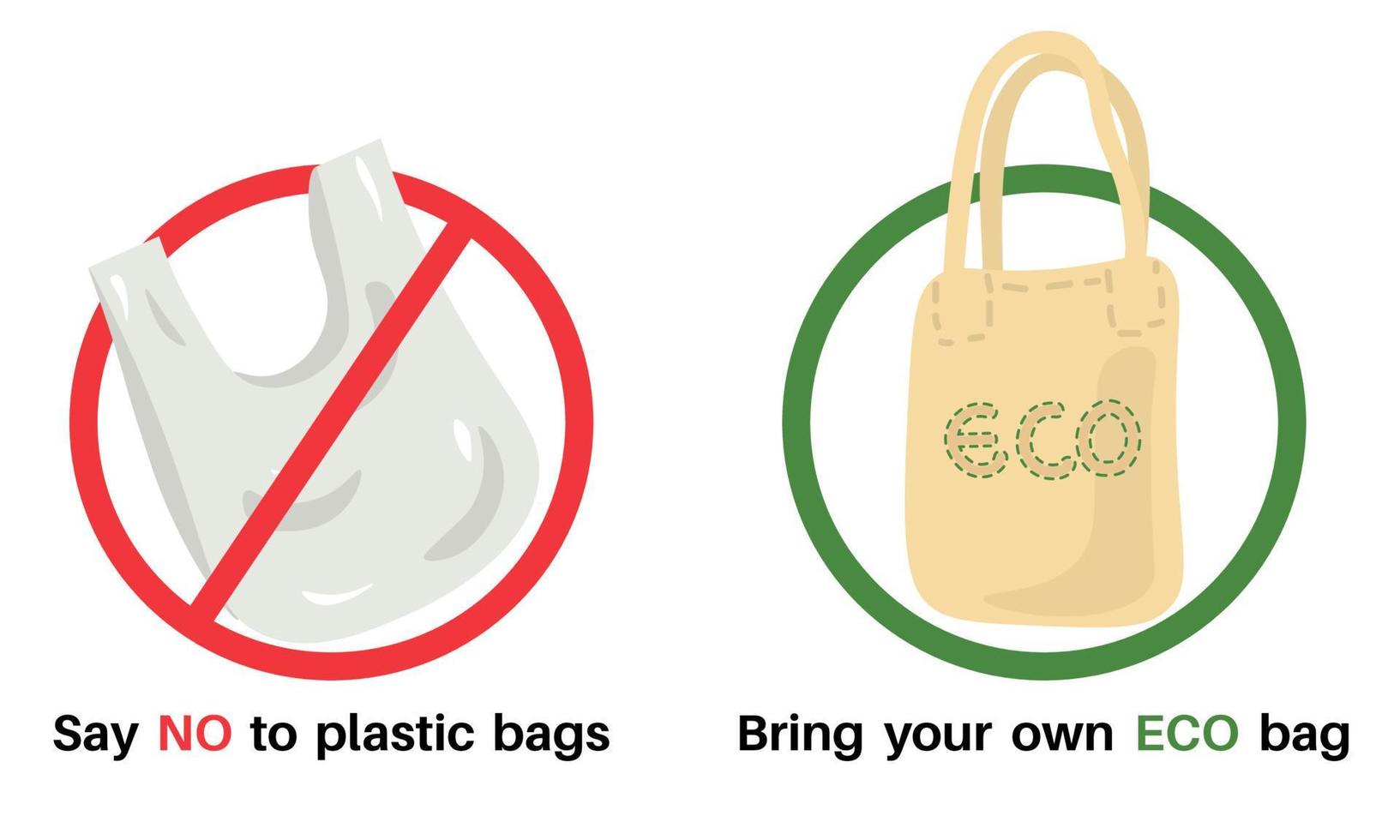 Ecological concept - no plastic bag, use your own eco bag, package slogan design. Pollution problem concept. Stop using disposable polythene package. vector