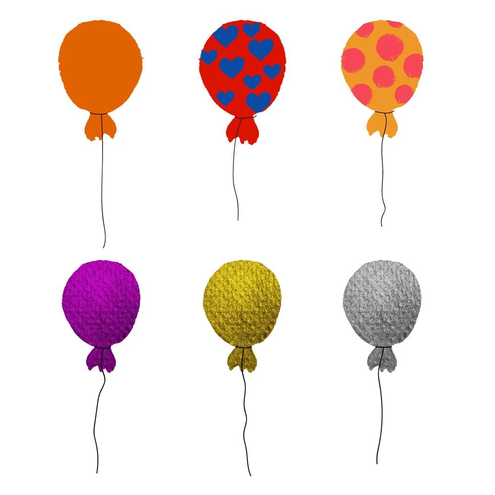 colorido conjunto de globos dibujados a mano aislado sobre fondo blanco. oro, violeta, naranja, plata, púrpura, rojo con corazones, amarillo con globo de aire de lunares grunge. vector