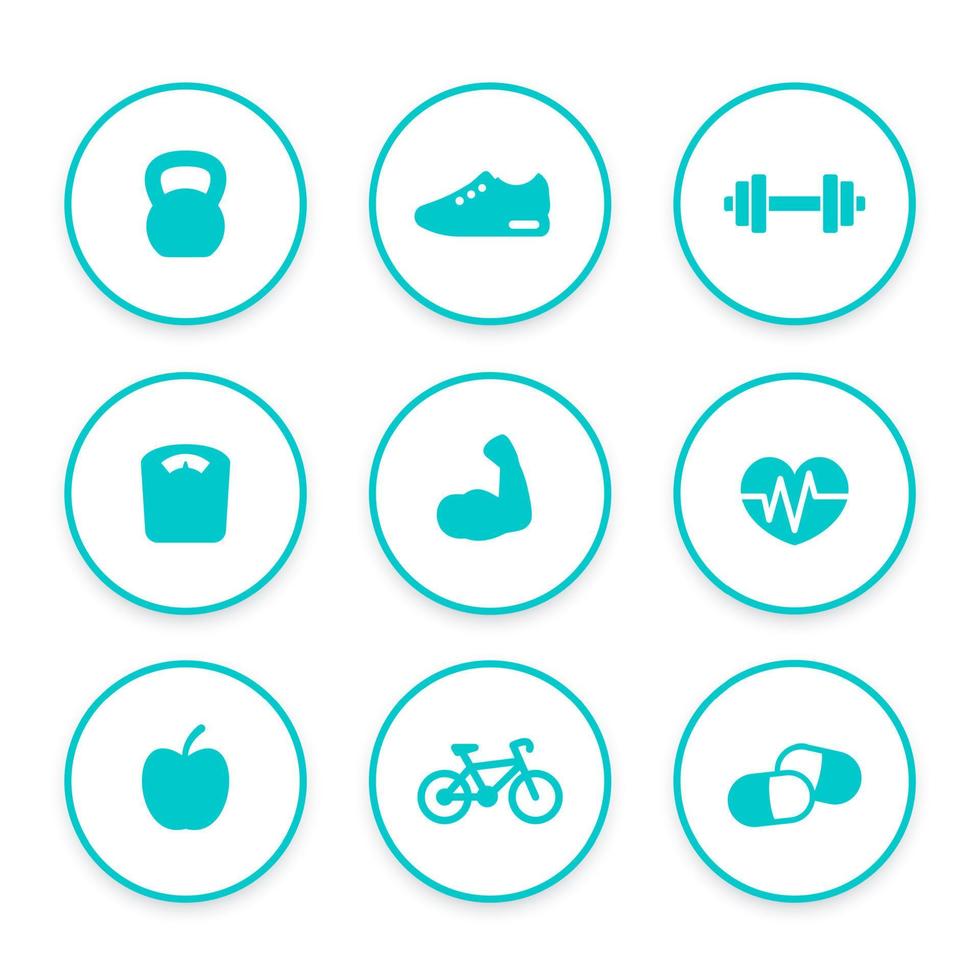 Fitness icons set, round simple pictograms vector