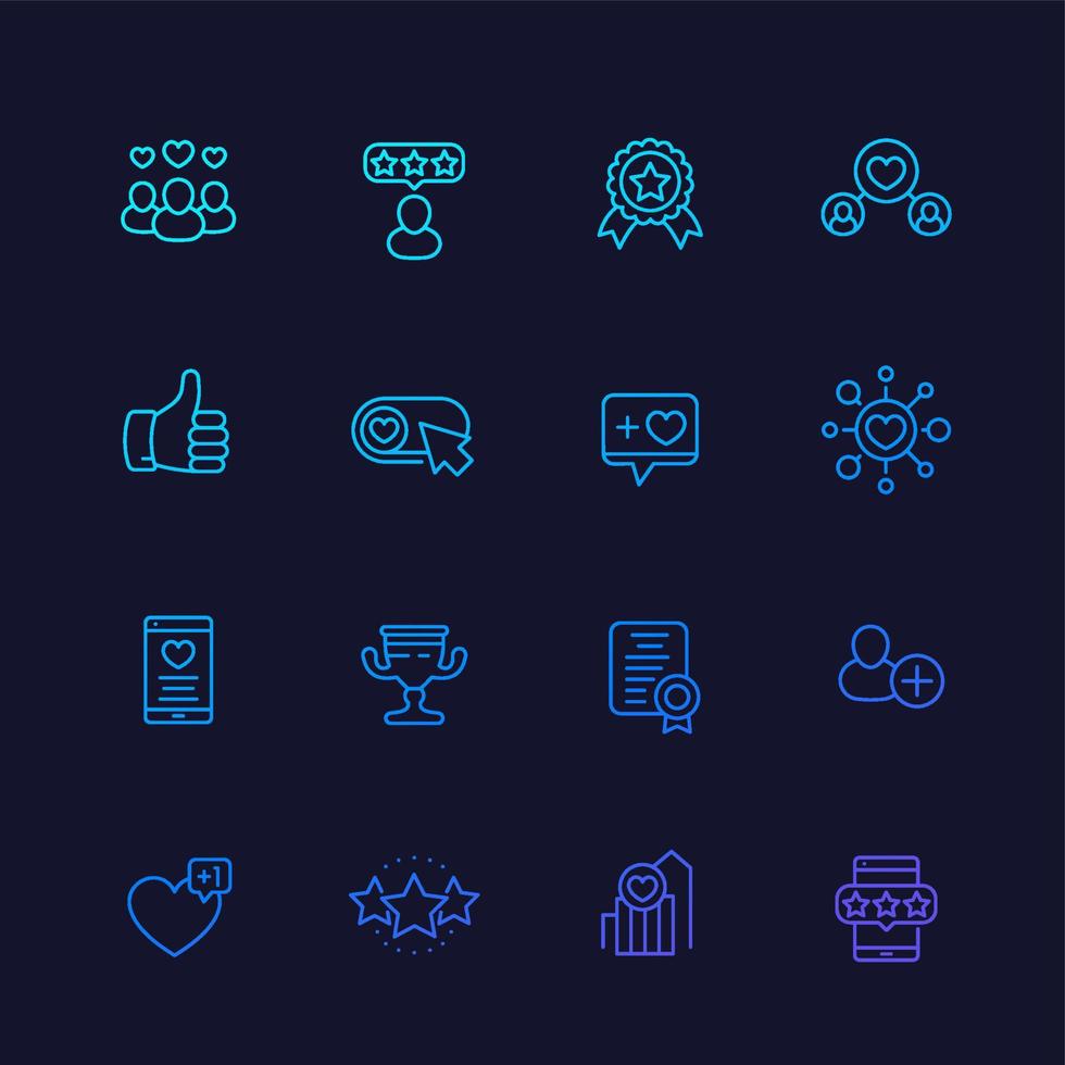 Likes, followers, rating, feedback, review line icons set vector