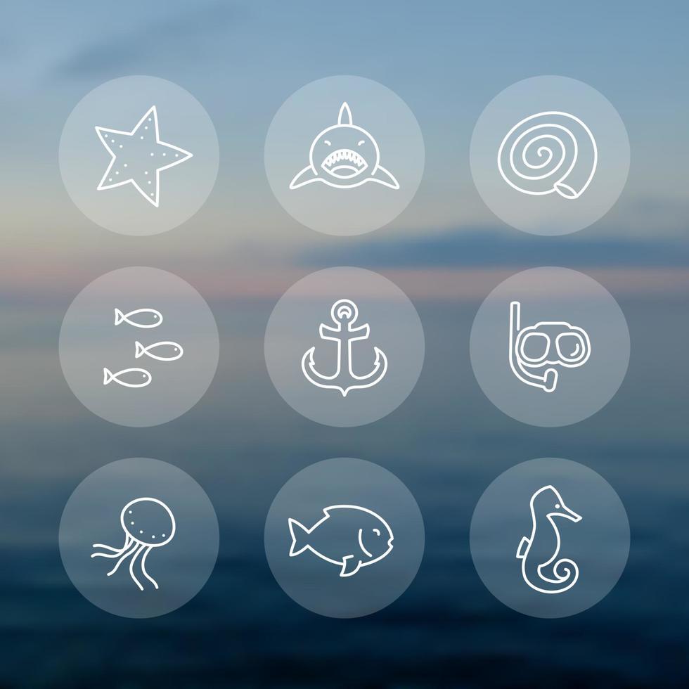 Sea line icons set, round transparent pictograms, vector illustration