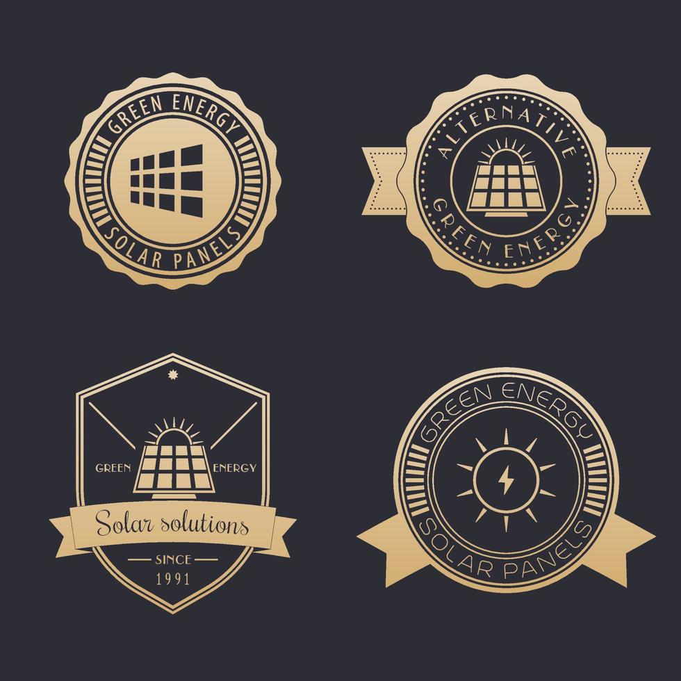 logotipos de energía solar, emblemas, insignias de energía solar, oro en la oscuridad vector