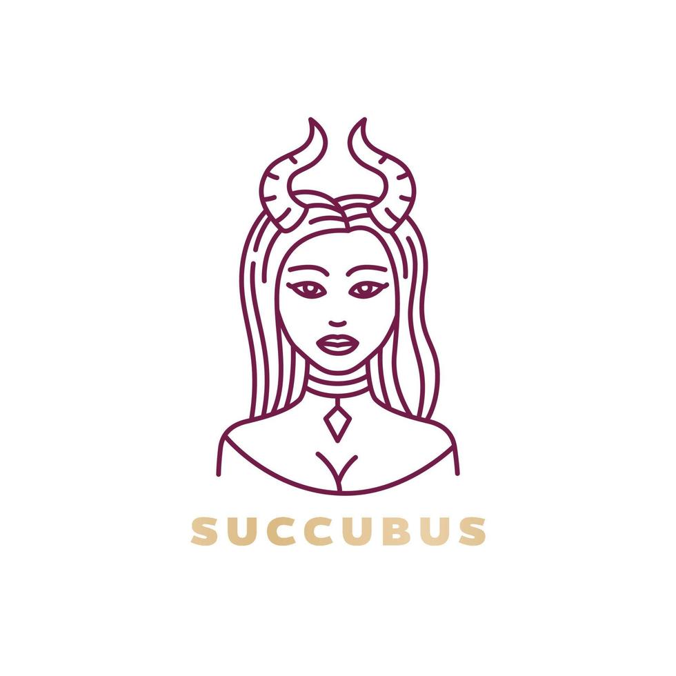 Succubus logo design, demon girl, enchantress, woman with horns, line art vector