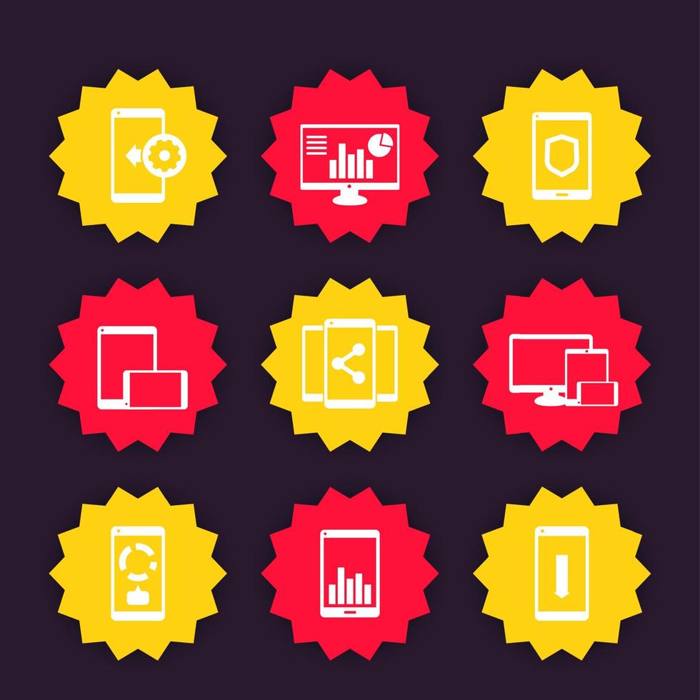 mobile, desktop apps icons set, badges with smartphone, tablets vector