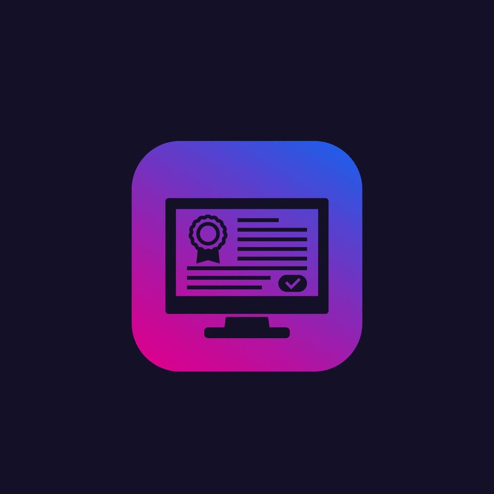online certification, certificate in computer vector icon