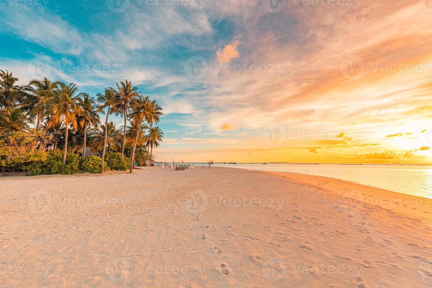 Island palm tree sea sand beach. Panoramic beach landscape. Inspire tropical beach seascape horizon. Orange and golden sunset sky calmness tranquil relaxing summer mood. Vacation travel holiday banner photo