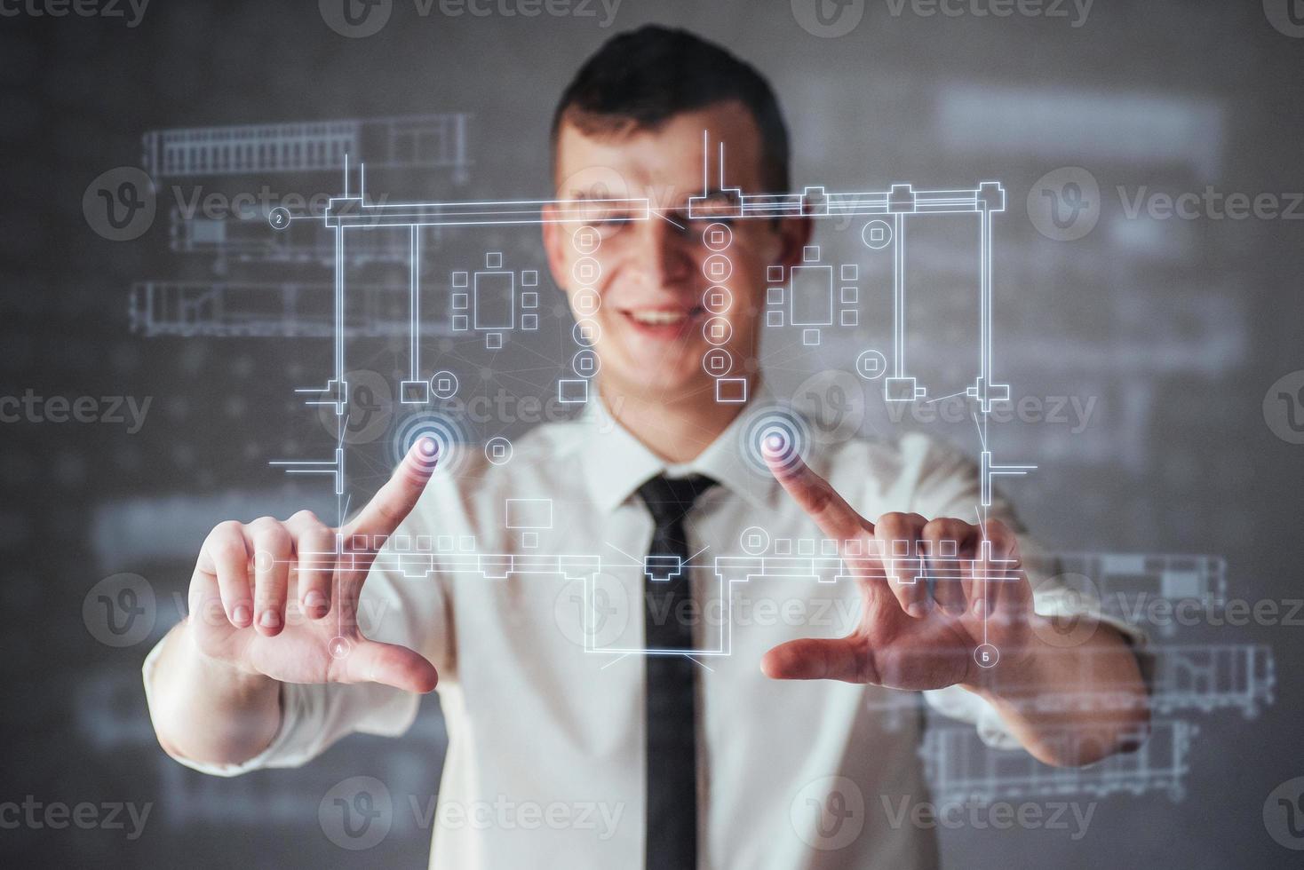 The person at the board of a financial dashboard of key indicators of stock market performance and business intelligence photo