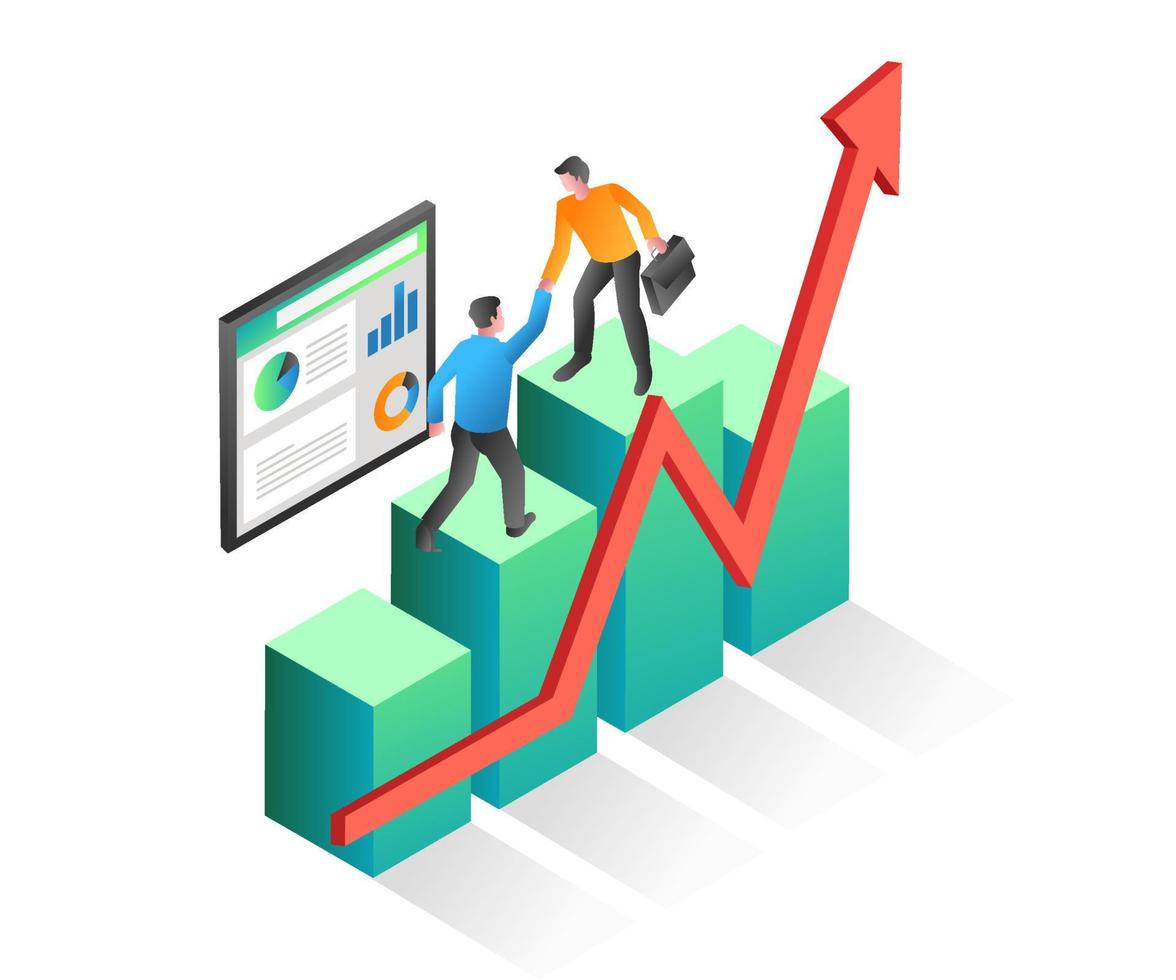 Flat isometric illustration concept. team please help to succeed together vector