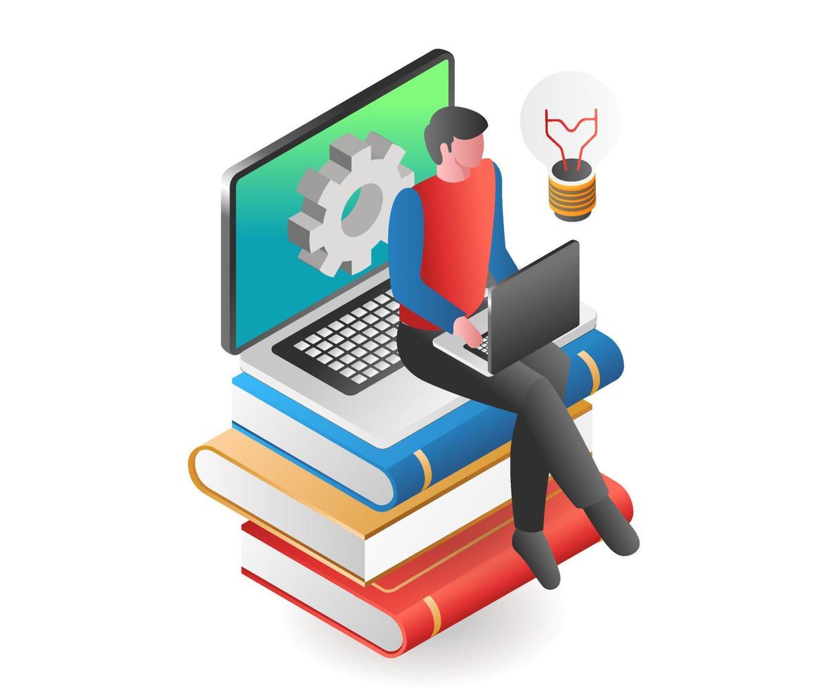 Flat isometric illustration concept. online learning process on a pile of books vector