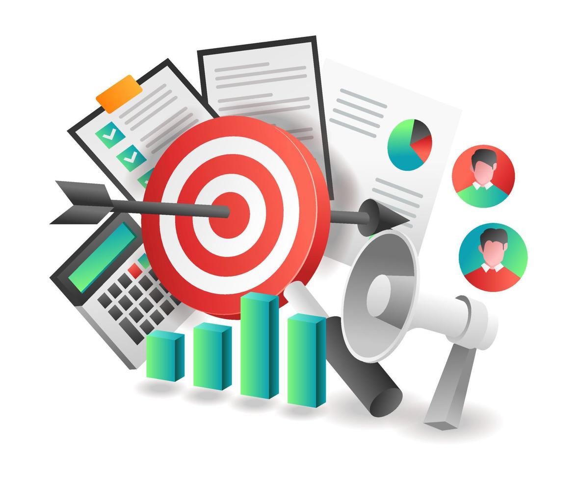 Flat isometric illustration concept. successful investment business plan target campaign vector