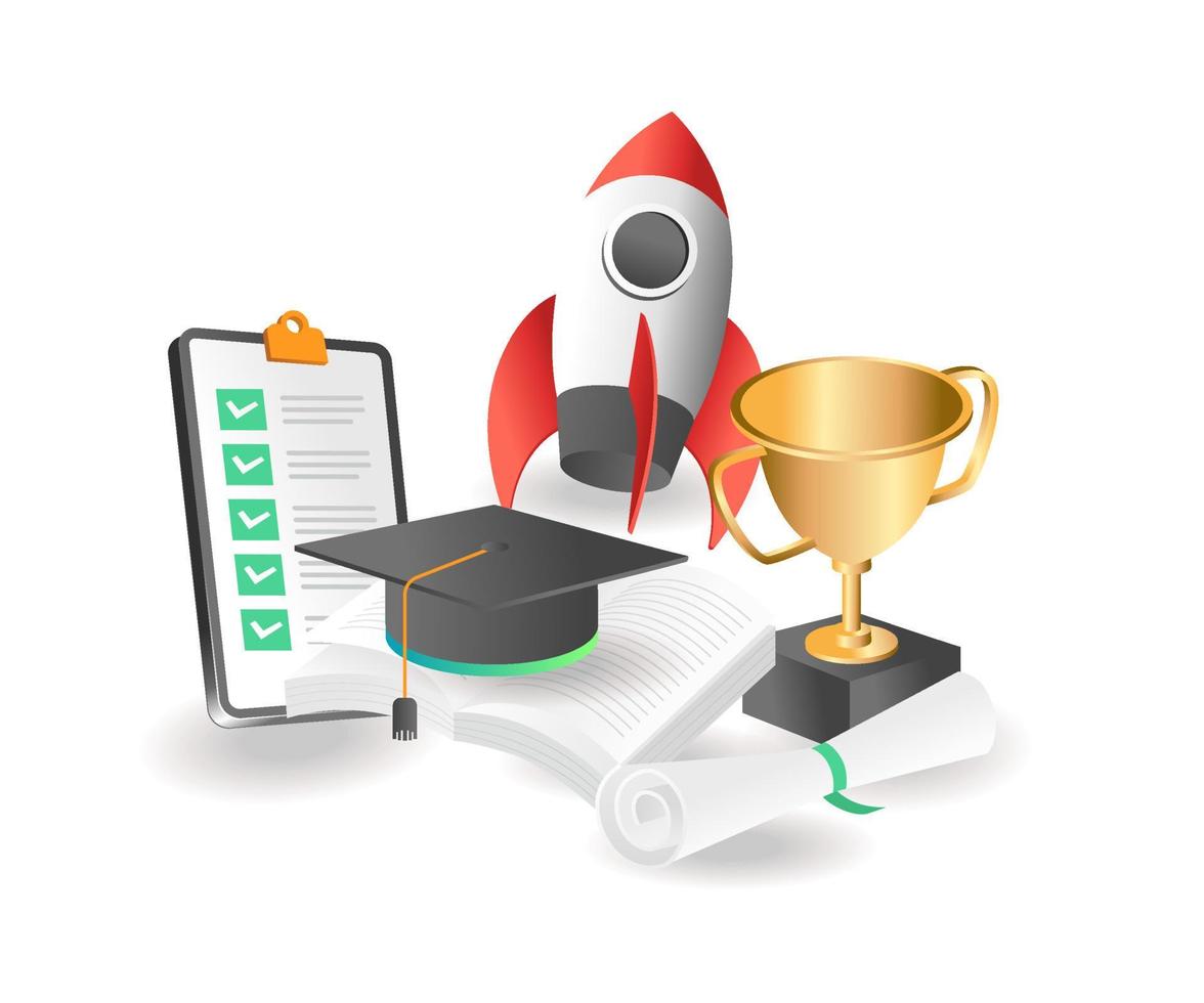 Flat isometric illustration concept. rocket launches from champion symbol book vector