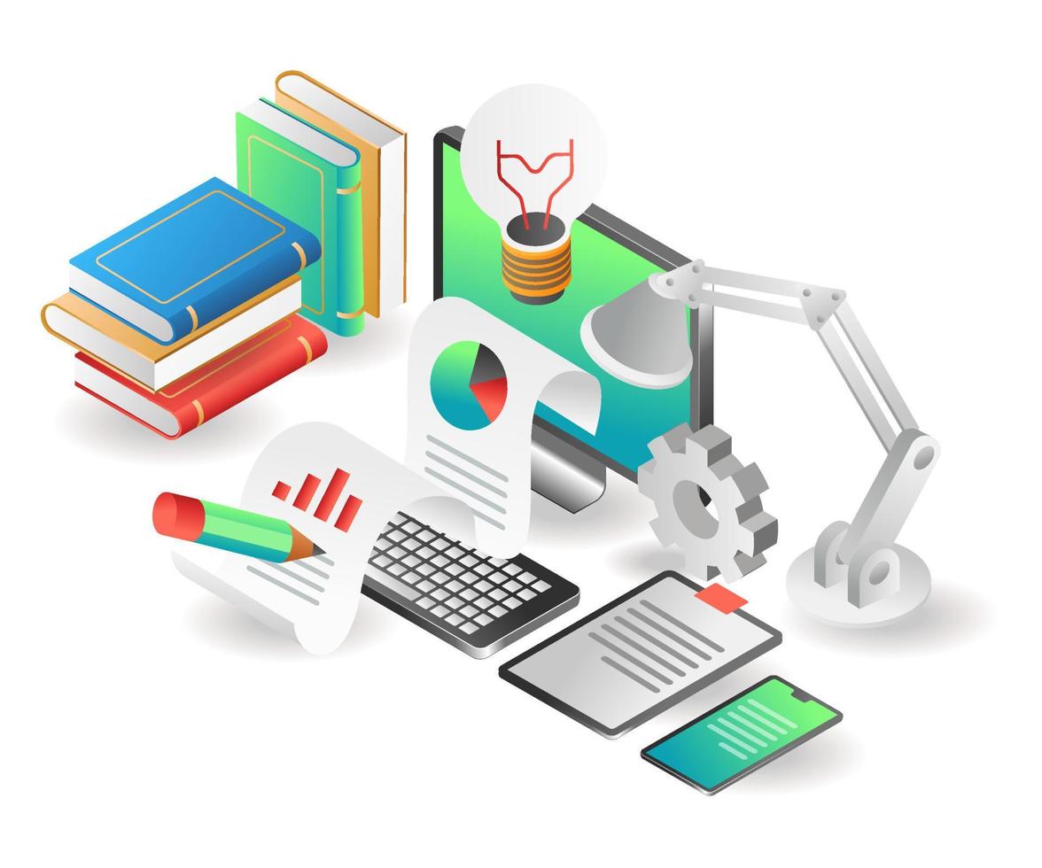 Flat isometric illustration concept. creative idea data analysis on computer vector