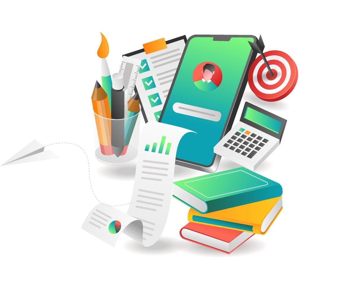 Flat isometric illustration concept. creative online school with smartphone vector