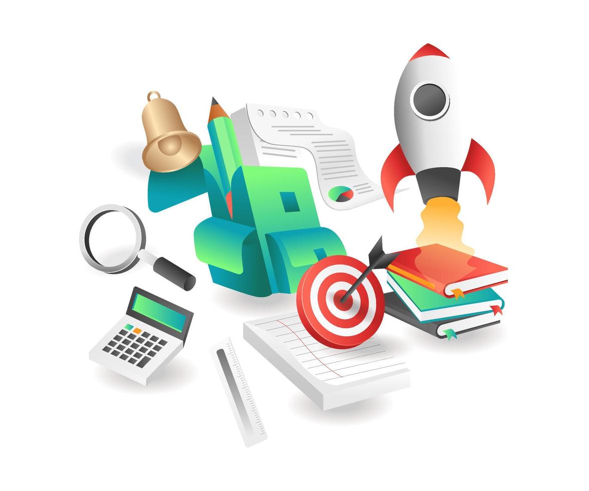 Concept isometric illustration. Battery warning in caseFlat isometric illustration concept. bag with school tools vector