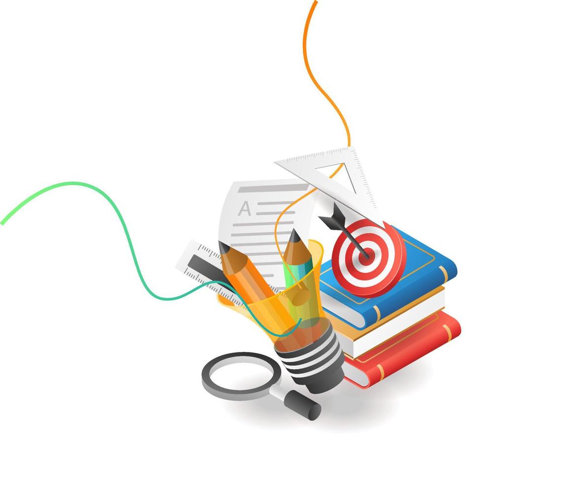 Flat isometric illustration concept. creative books and back to school tools vector