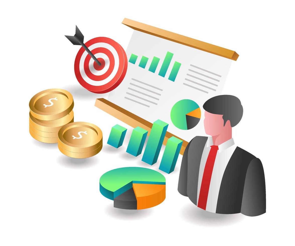 Flat isometric concept illustration. investment business income data analysis vector