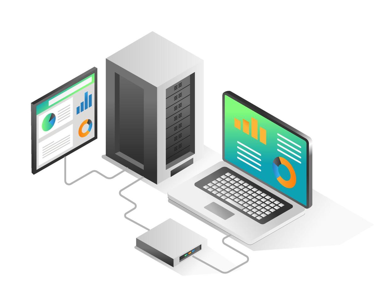 ilustración de concepto isométrico plano. conexión de datos de análisis de portátiles con servidor central vector