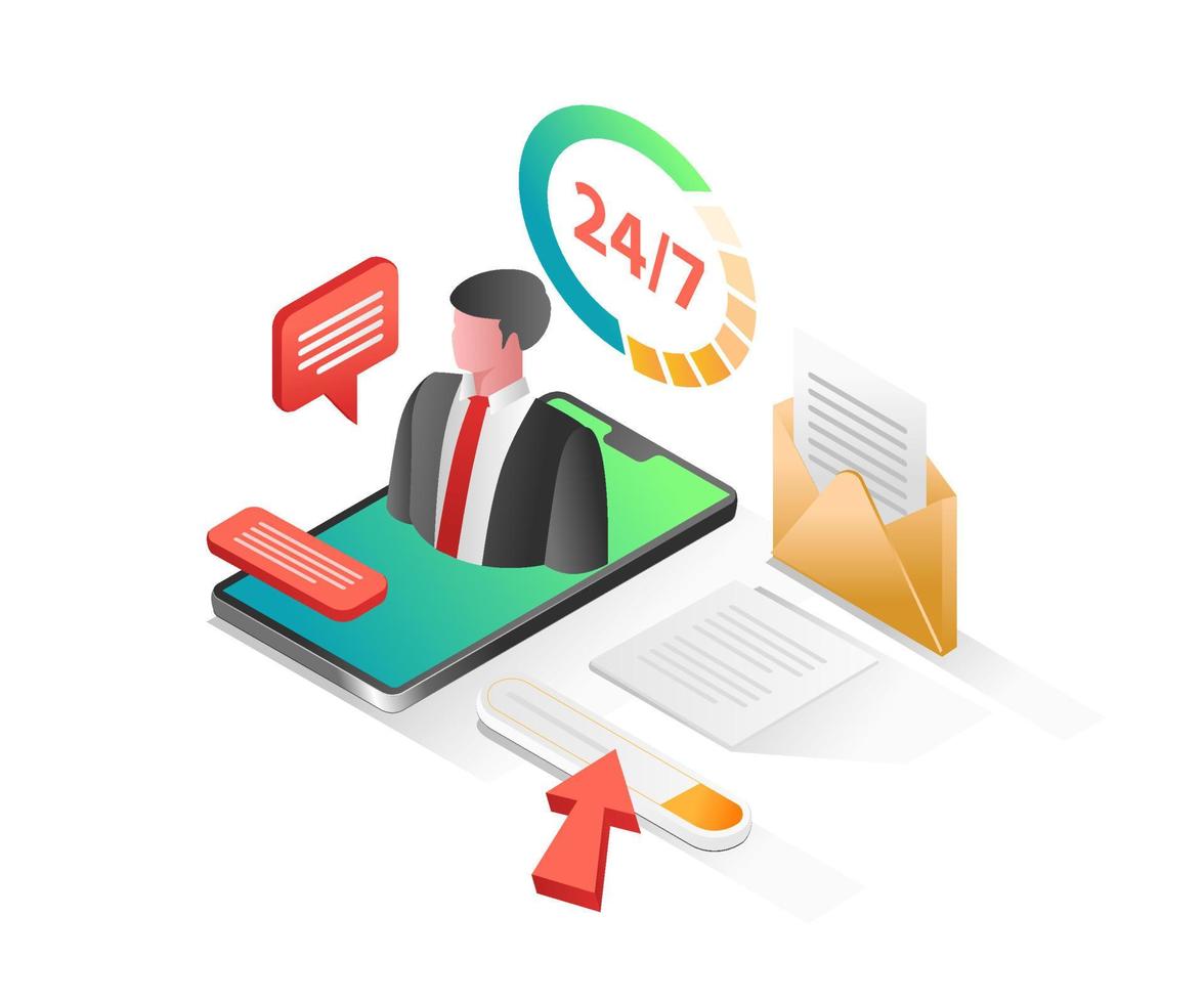 Flat isometric concept illustration. customer service online 24 hours non-stop vector