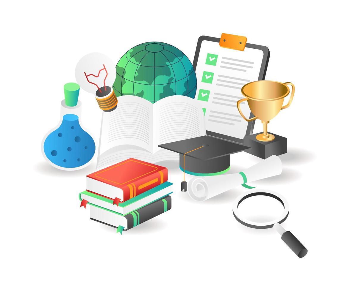 Flat isometric illustration concept. student achievement equipment back to school vector