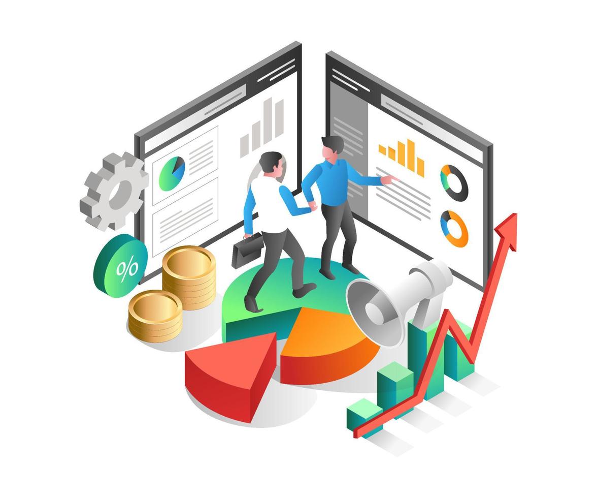 concepto de ilustración isométrica plana. mostrar datos de análisis de afiliación empresarial vector