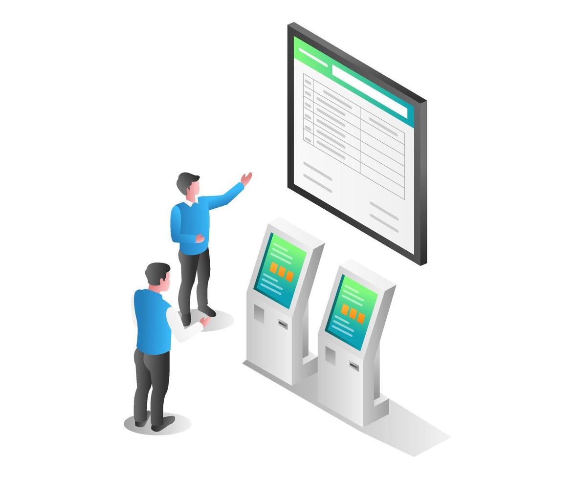 concepto de ilustración isométrica plana. hombre mostrando información con monitor vector