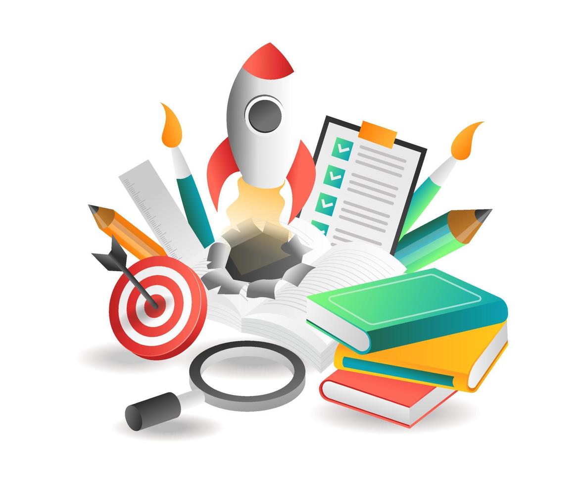 Flat isometric illustration concept. rocket glides over books back to school vector