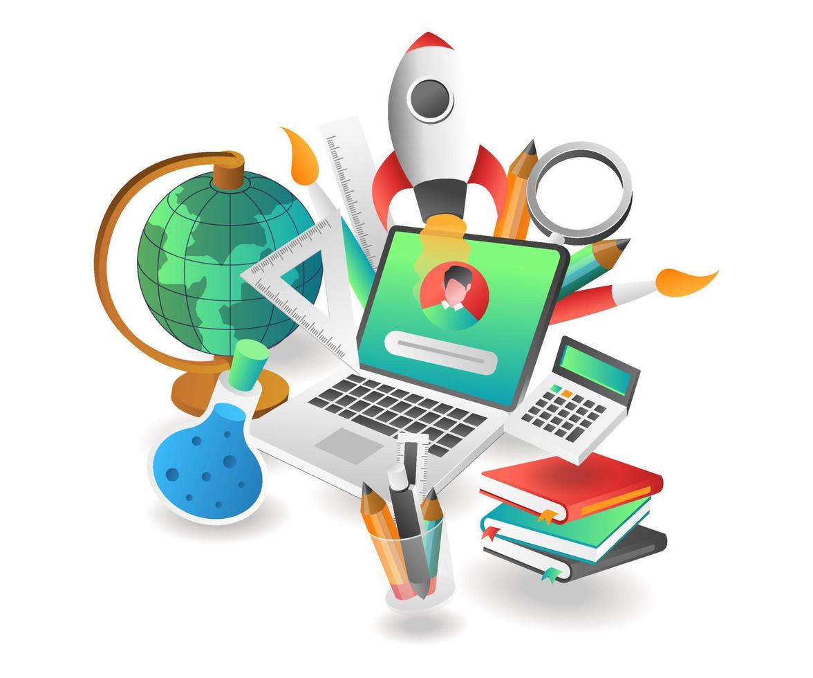 Flat isometric illustration concept. creative online back to school tools vector