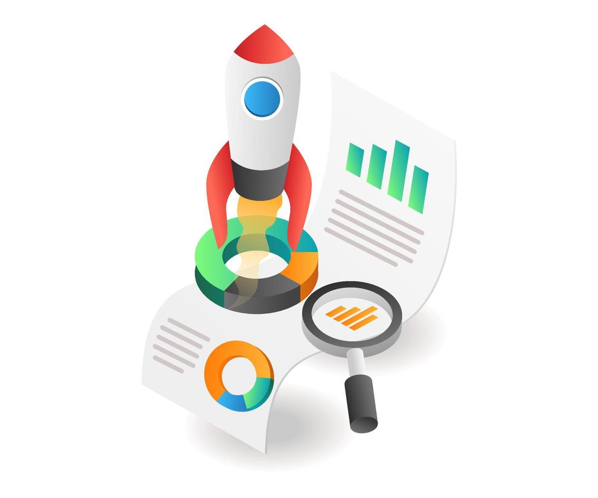 Flat isometric concept illustration. rocket launching on data analysis paper vector